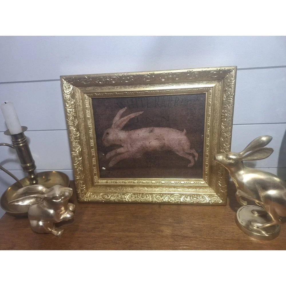 Vintage ornate gold wood frame with new canvas white rabbit print